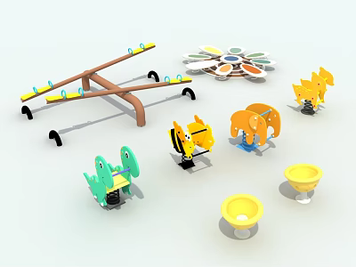 Colorful Playground Equipment Including Seesaw Rotating Structure Animal Rockers And Yellow Seats 3d model