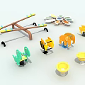 Colorful Playground Equipment Including Seesaw Rotating Structure Animal Rockers And Yellow Seats