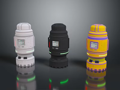 Futuristic Sci Fi Scene With Three Colored Cylindrical Devices And Glowing Lights 3d model