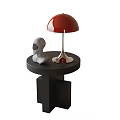 Black Round Side Table with Square Legs Red Table Lamp and Gray Sculptural Decor 3d model