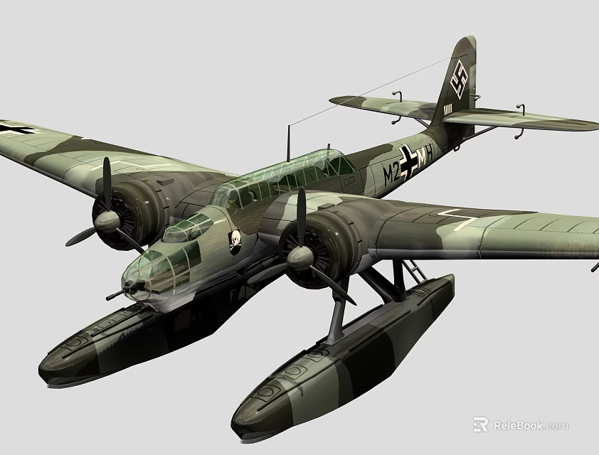Military Camouflage Painted Twin Engine Vintage Seaplane Airliner with Floats 3d model 