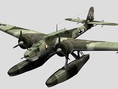 Military Camouflage Painted Twin Engine Vintage Seaplane Airliner with Floats 3d model