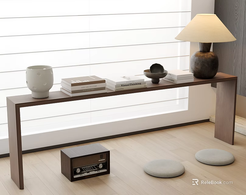 Ornamental Decor Set On Console Table With Books Lamp Ceramic Jar Black Bowl And Radio 3d model 
