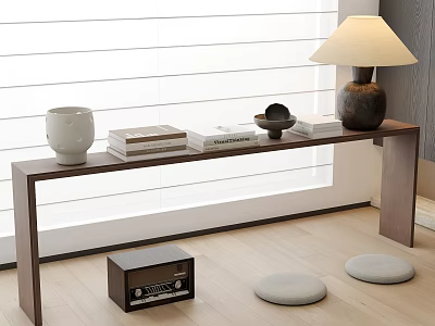 Ornamental Decor Set On Console Table With Books Lamp Ceramic Jar Black Bowl And Radio 3d model