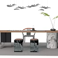 Modern Tea Table and Chairs with Marble Pedestal Hanging Lights and Green Plant Decor