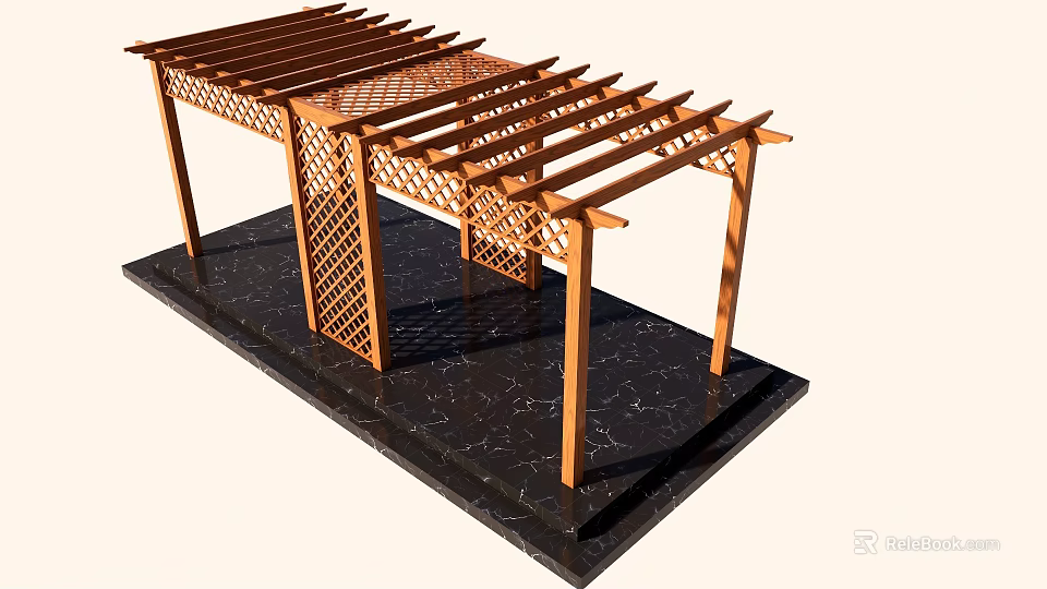 Wooden Pergola with Lattice Side Panels and Top Beam Structure on Black Marble Platform 3d model 