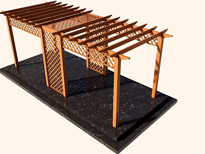 Wooden Pergola with Lattice Side Panels and Top Beam Structure on Black Marble Platform 3d model