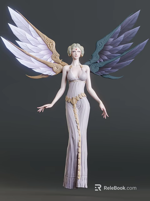 Game Movie Character Winged Female Figure In Elegant Gown With Golden Accents And Celestial Wings 3d model 