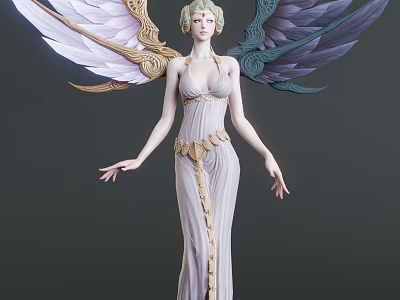 Game Movie Character Winged Female Figure In Elegant Gown With Golden Accents And Celestial Wings 3d model