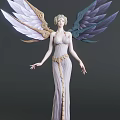 Game Movie Character Winged Female Figure In Elegant Gown With Golden Accents And Celestial Wings