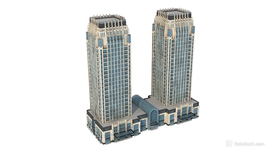 Modern Commercial Complex With Two Tower Glass Facades And Connected Atrium Retail Spaces 3d model 