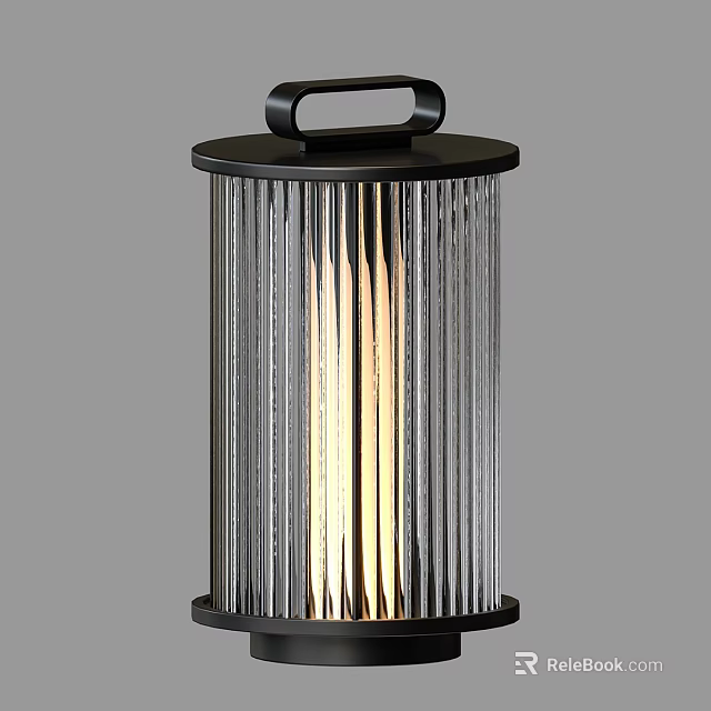 Table Lamp With Black Metal Base Vertical Ribbed Glass Shade And Warm Glowing Light 3d model 