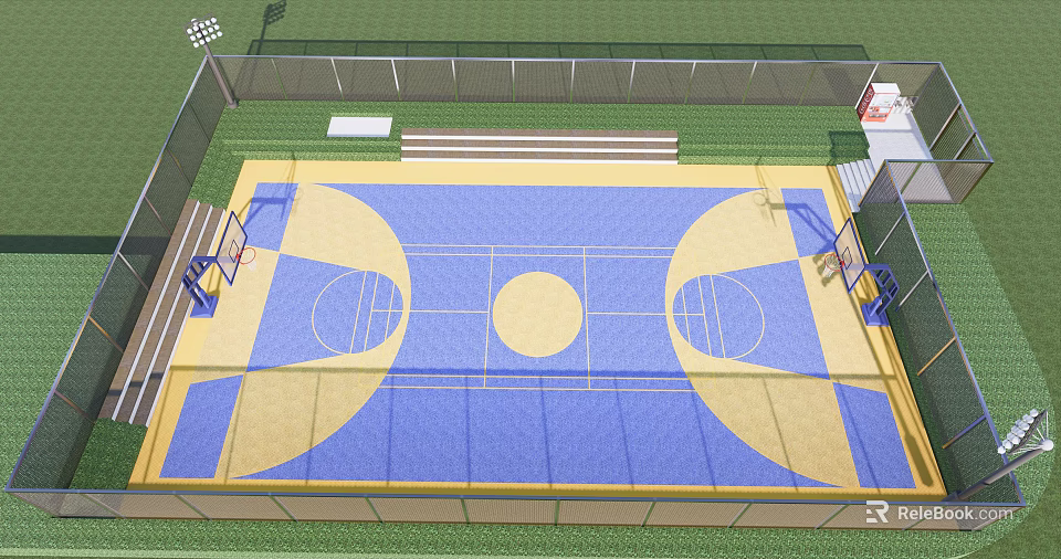 Outdoor Basketball Court Design With Blue And Yellow Floor Basketball Hoops Surrounding Fence And Benches 3d model 