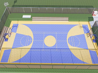 Outdoor Basketball Court Design With Blue And Yellow Floor Basketball Hoops Surrounding Fence And Benches 3d model