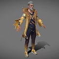 Game Movie Character With Gray Hair Beard Ornate Golden Decor Outfit Dark Pants Golden Shoes