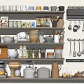 Diverse Kitchenware Assortment On Kitchen Shelves Including Cups Jars Pots And Cooking Tools