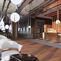 Modern Cafe Interior With Wooden Flooring Round Pendant Lights And Marble Tables