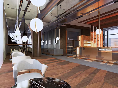 Modern Cafe Interior With Wooden Flooring Round Pendant Lights And Marble Tables 3d model