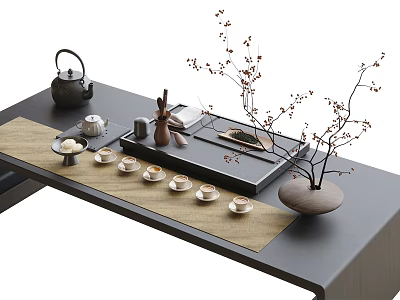 Elegant Tea Set with Teapot Teacups and Decorative Branch on Wooden Table 3d model