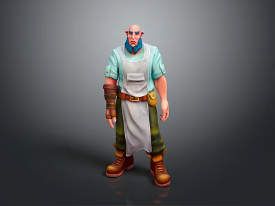 Cartoon Craftsman With Blue Beard Green Shirt White Apron Arm Guards Tool Belt Brown Boots 3d model