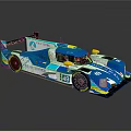 Blue and White Race Car with Yellow Accents Number 169 Streamlined Design and Reflection