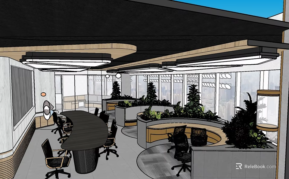 Modern Public Office Space Interior Design With Open Layout Large Windows And Green Plants 3d model 