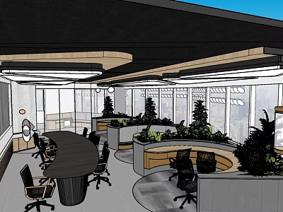 Modern Public Office Space Interior Design With Open Layout Large Windows And Green Plants 3d model