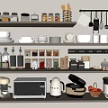Organized Kitchen Shelves Displaying Assorted Glass Spice Jars With Bowls And Utensils