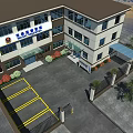 Modern Multi Story Office Building With Glass Windows Front Entrance And Metal Gate Fence