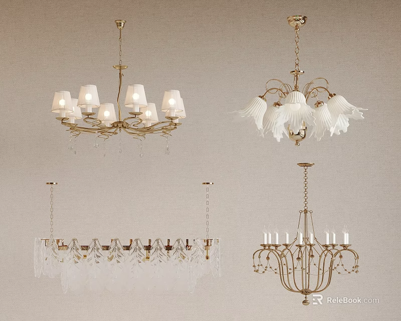 Various Stylish Chandeliers With Crystal Drops Fabric Shades And Candle Like Designs 3d model 