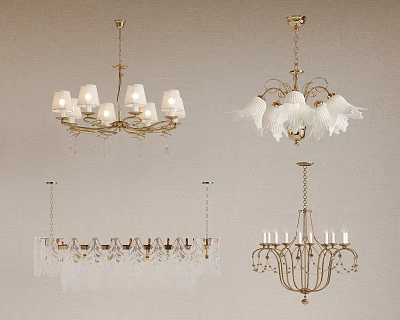 Various Stylish Chandeliers With Crystal Drops Fabric Shades And Candle Like Designs 3d model