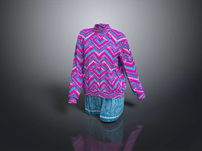 Colorful Zigzag Pattern Turtleneck Sweater With Pink Purple Blue And Denim Shorts 3d model
