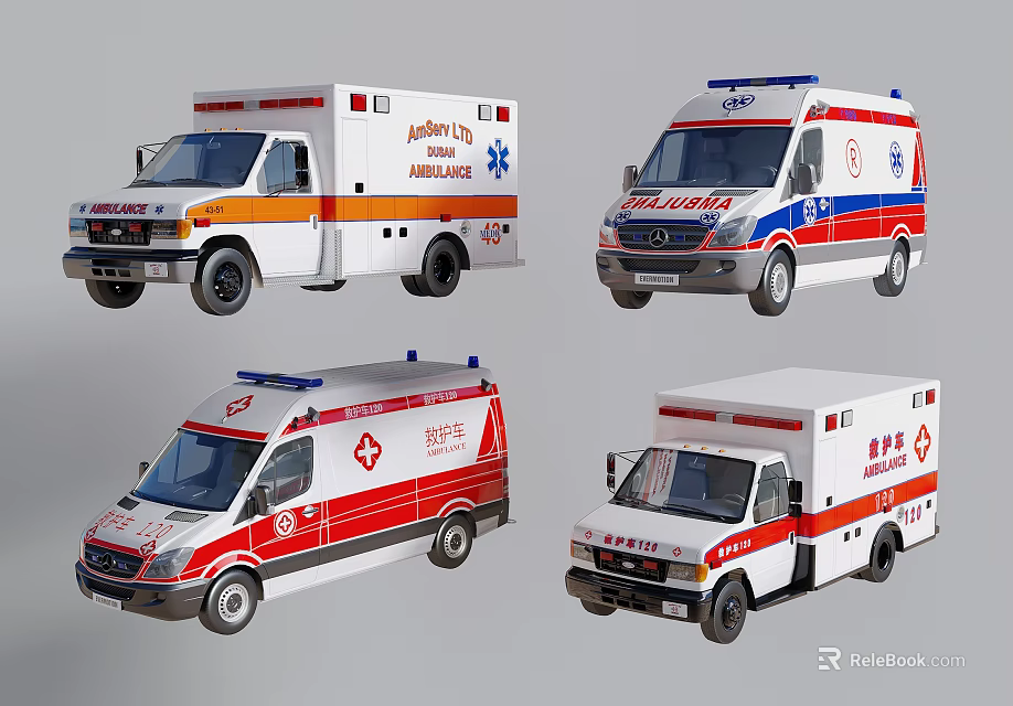 Various Emergency Ambulance Vehicles With Different Color Designs And Medical Logos 3d model 
