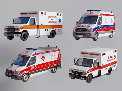 Various Emergency Ambulance Vehicles With Different Color Designs And Medical Logos 3d model