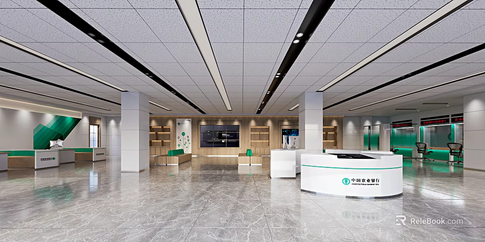 Modern Administrative Service Hall Interior With White Pillars Marble Floor Service Counter And Green Signs 3d model 