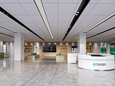 Modern Administrative Service Hall Interior With White Pillars Marble Floor Service Counter And Green Signs 3d model