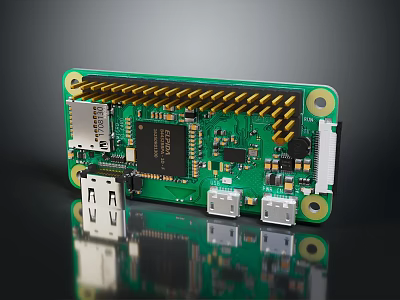Raspberry Pi Single Board Computer Featuring Green Circuit Board Microchip USB Ports and GPIO Pins 3d model
