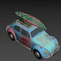 Vintage Blue Volkswagen Beetle With Roof Rack And Decorative Emblems