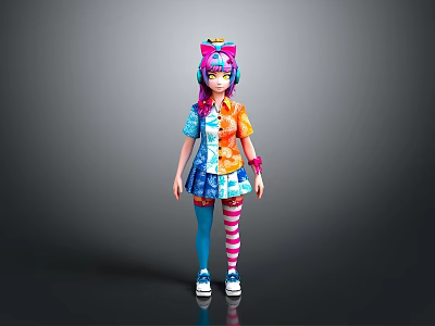 Colorful Character Model With Cat Ear Headband Mixed Color Shirt Blue Skirt And Striped Socks 3d model