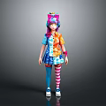 Colorful Character Model With Cat Ear Headband Mixed Color Shirt Blue Skirt And Striped Socks