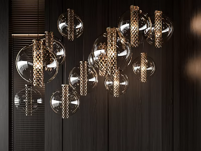 Modern Gold Glass Spherical Chandelier Design Hanging On Dark Wooden Wall Background 3d model