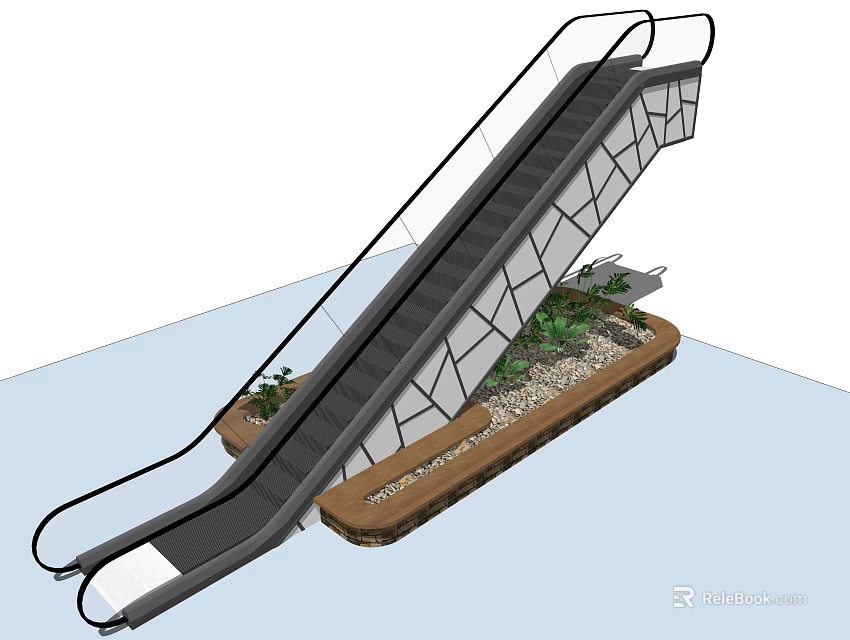 Modern Escalator Design With Green Plants And Stone Planter Decoration 3d model 