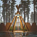 Rustic Wooden Entrance Gate in Forest with Tall Trees Triangular Top and Puddle Reflection 3d model
