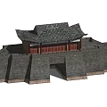 Ancient Architecture With Gray City Wall Traditional Roof Red Doors And Arched Gate