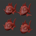 Green Cartoon Fish With Yellow Fins And Varied Expressions In Four Poses