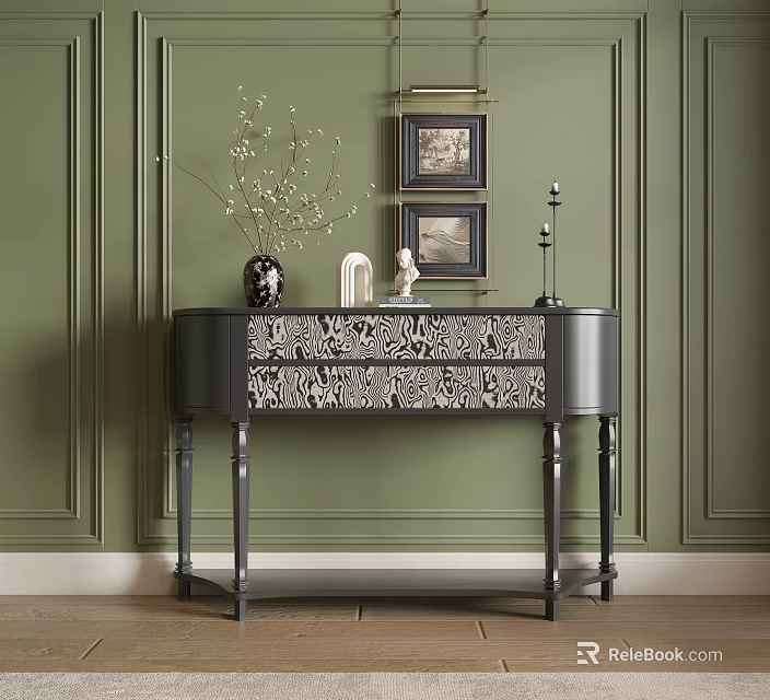 Elegant Console Table Side Cabinet With Patterned Drawers And Decorative Items 3d model 