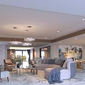 Elegant Modern Living And Dining Room Interior With Sofa Chairs Chandeliers And Decorative Painting