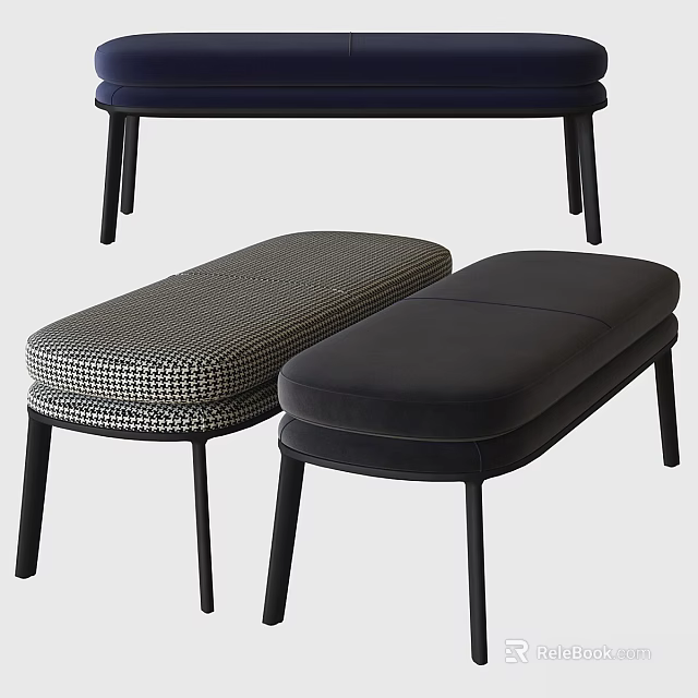 Modern Sofa Benches Featuring Navy Blue Houndstooth And Black Upholstery With Black Legs 3d model 