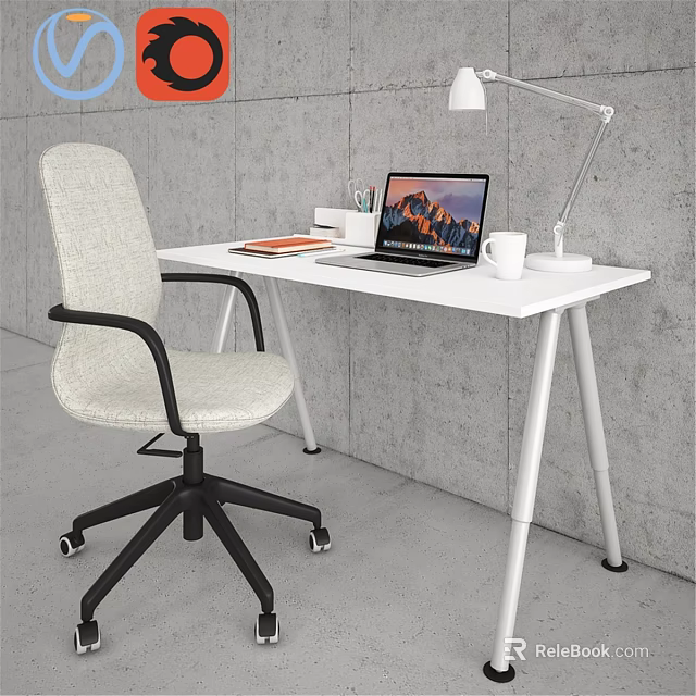 Modern White Desk And Beige Wheeled Armrest Chair With Laptop Lamp Stationery 3d model 