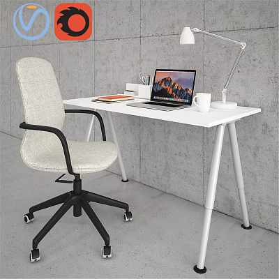 Modern White Desk And Beige Wheeled Armrest Chair With Laptop Lamp Stationery 3d model